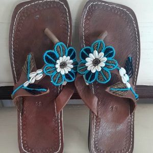 Turquoise Brown Artisan Gold Aqua Beaded Shells Leather Thong Sandals Women's 38